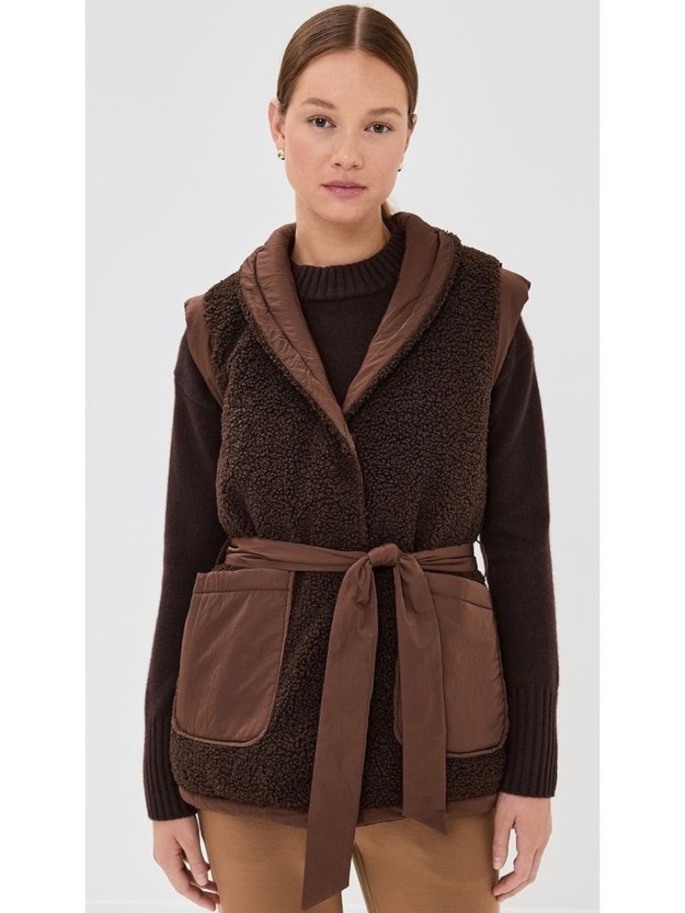 Varley Lanville Reversible Gilet Coffee Brown Sherpa Puffer Vest Belted